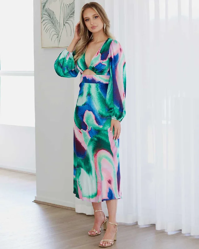 Kai Satin Maxi Dress - Blue/Pink Print