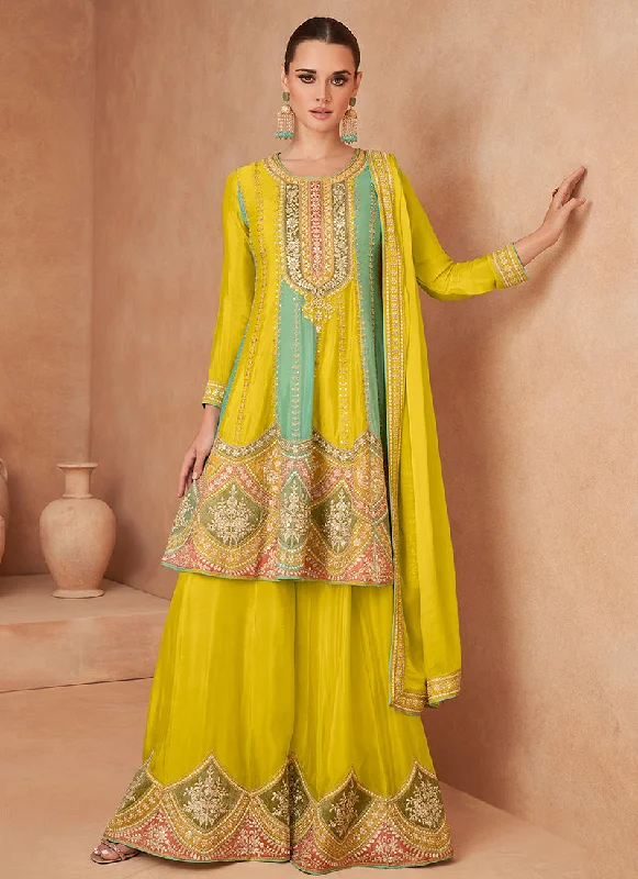 Lemon Yellow Multi Embroidery Sharara Style Suit