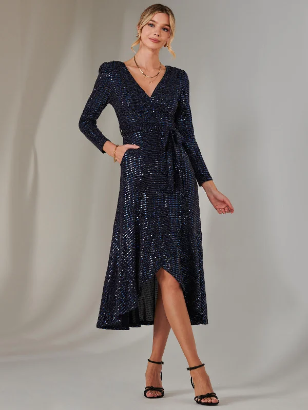 Long Sleeve Metallic Spot Maxi Dress, Navy