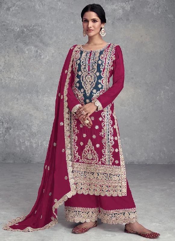 Magenta Embroidered Festive Palazzo Suit