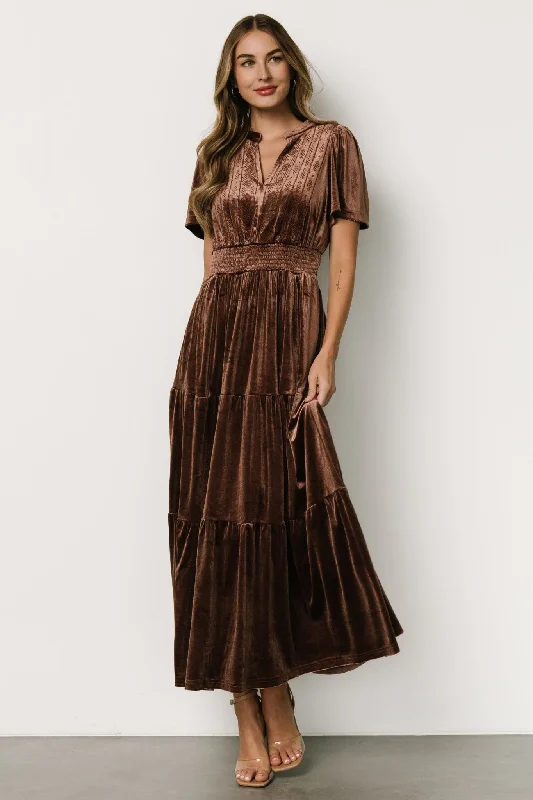 Maida Embroidered Velvet Dress | Chocolate