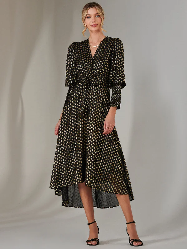 Metallic Spot Print Puffy Sleeve Maxi Dress, Black