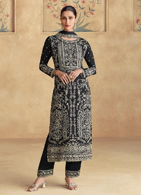 Midnight Black Thread Work Embroidery Festive Pant Suit