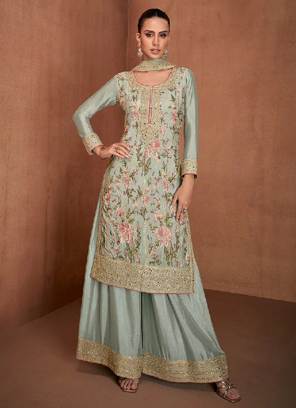 Mint Green Floral Embroidery Festive Palazzo Suit