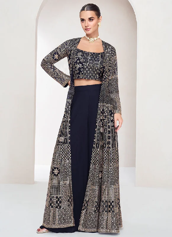 Navy Blue Embroidered Jacket Style Palazzo Suit