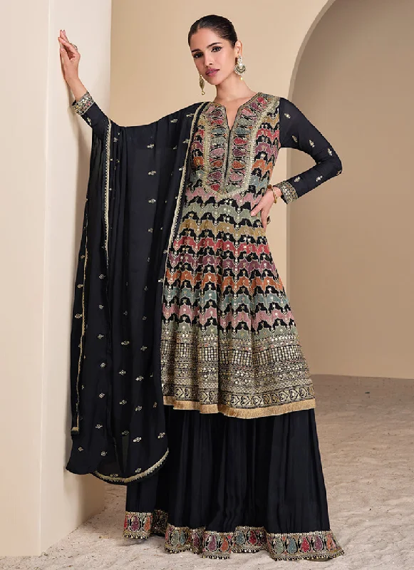 Navy Blue Multi Embroidery Sharara Style Suit