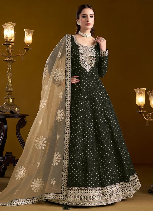 Olive Green Embroidered Silk Anarkali Suit