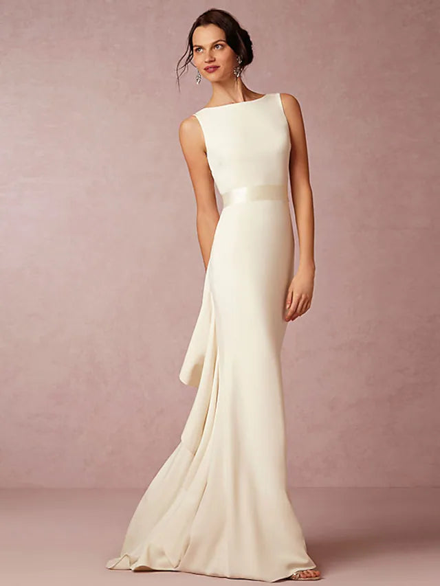 Open Back Wedding Dresses Sleeveless Bateau Neck Scoop Neck Charmeuse With Draping