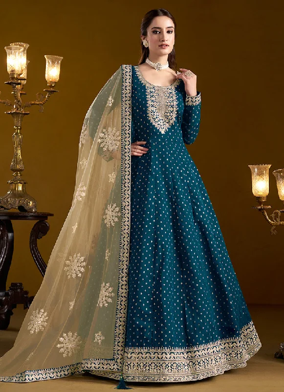 Peacock Blue Embroidered Silk Anarkali Suit