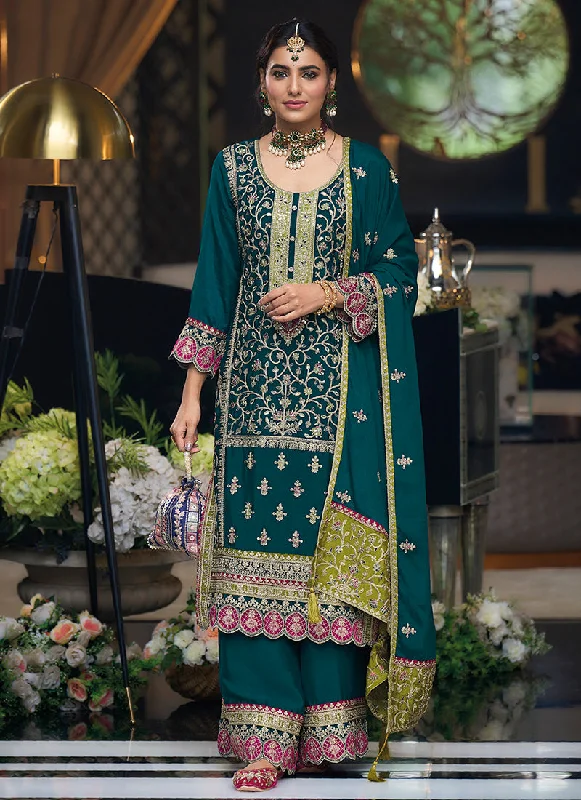 Peacock Green Multi Embroidery Traditional Palazzo Style Suit