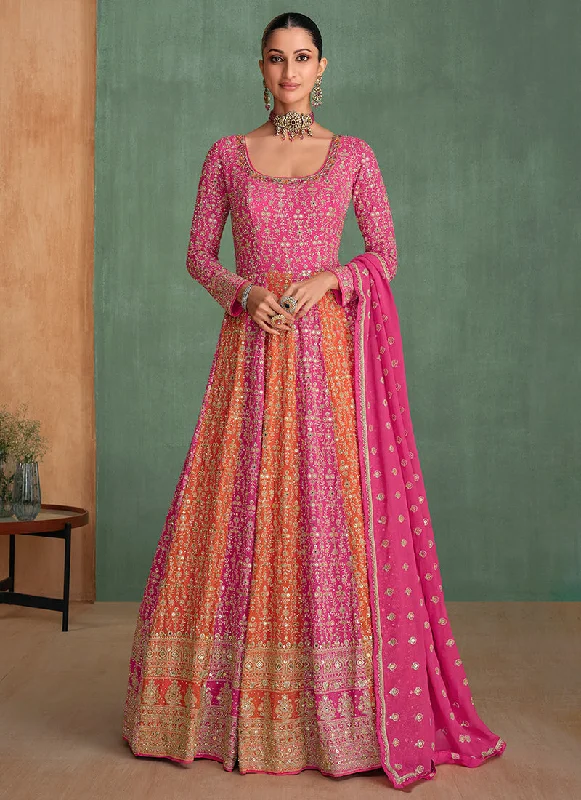 Pink And Orange Embroidery Anarkali Gown