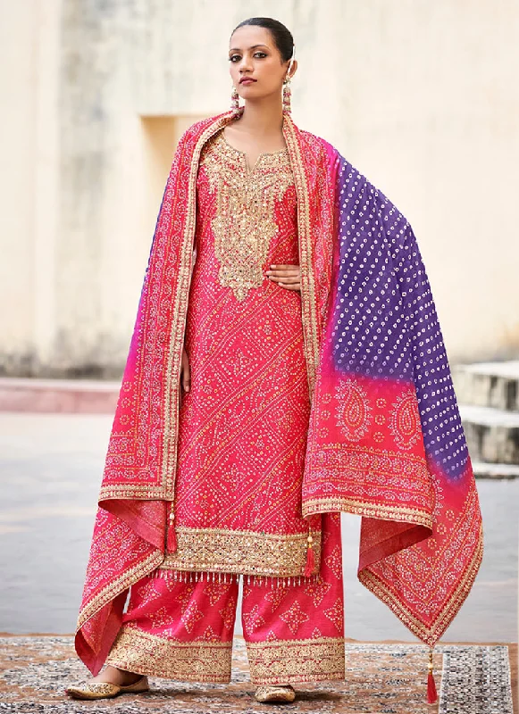 Pink And Purple Mirror Embroidery Bandhani Palazzo Suit