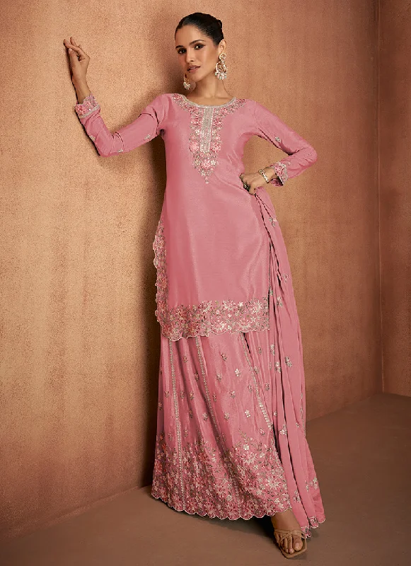 Pink Multi Embroidery Party Wear Sharara Suit