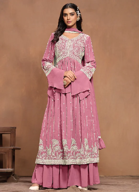 Pink White Embroidery Pleated Kurti Palazzo Suit