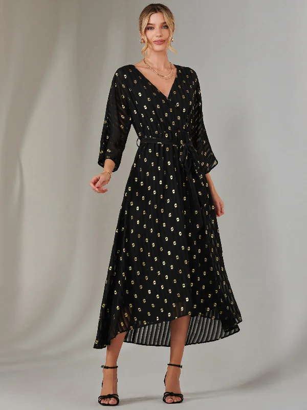 Plain Gold Spot Chiffon Dress, Black/Gold