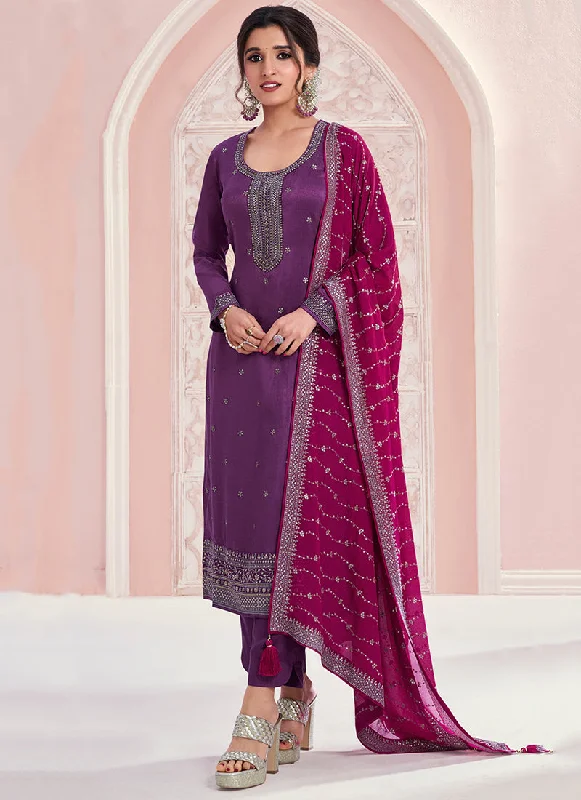 Purple And Magenta Embroidery Pakistani Pant Suit