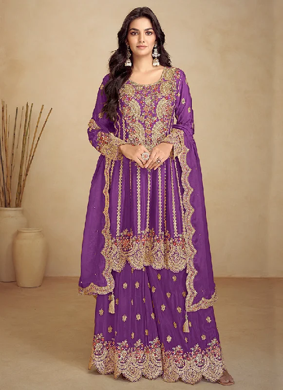 Purple Embroidery Festive Gharara Suit