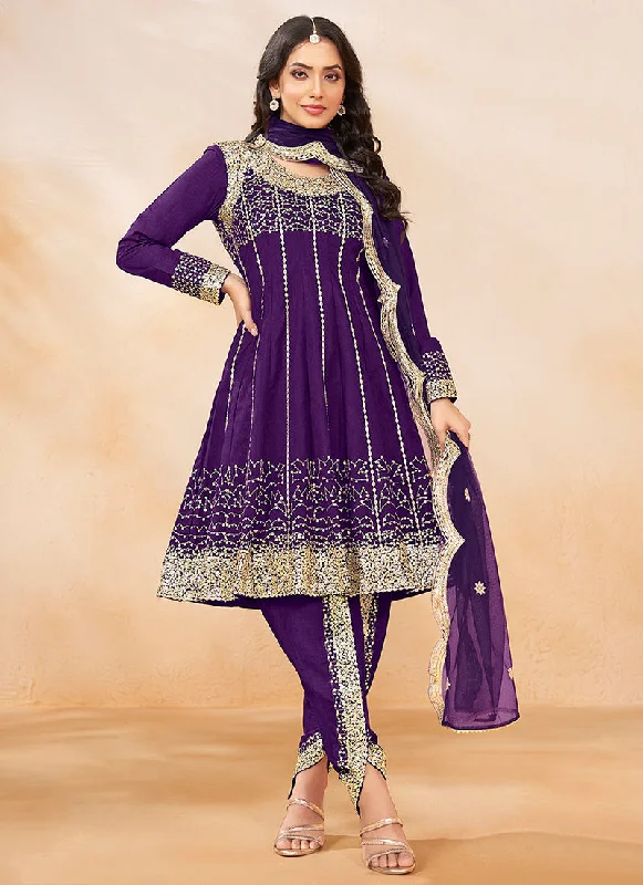 Purple Golden Embroidered Anarkali And Dhoti Style Pant Suit