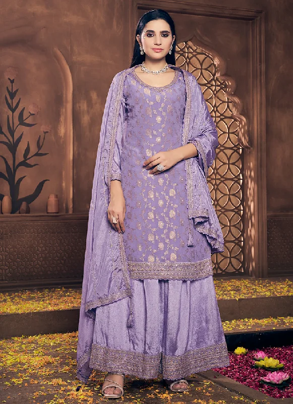 Purple Golden Embroidery Festive Palazzo Suit