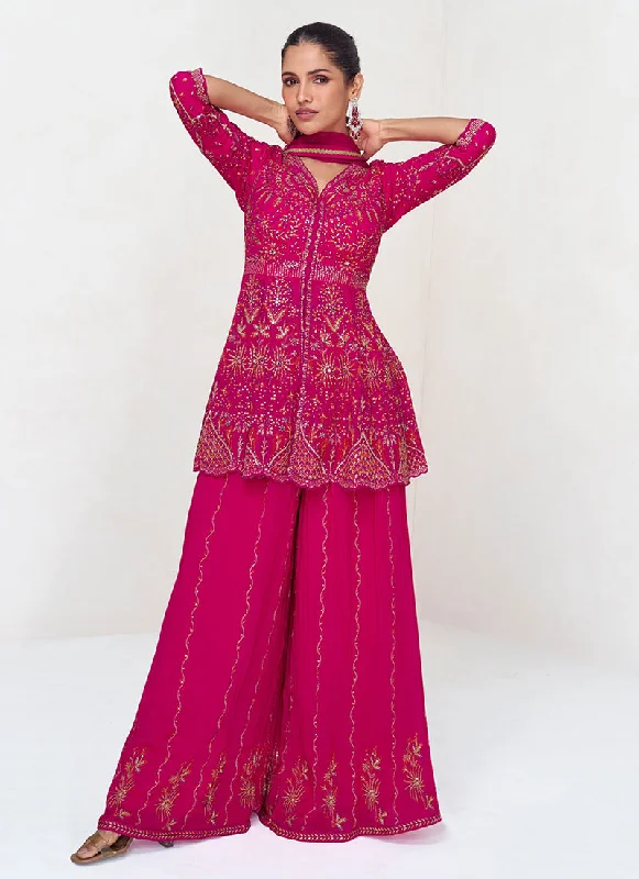 Rani Pink Embroidery Designer Peplum Style Palazzo Suit