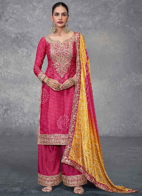 Red And Yellow Mirror Embroidery Bandhani Prited Palazzo Suit