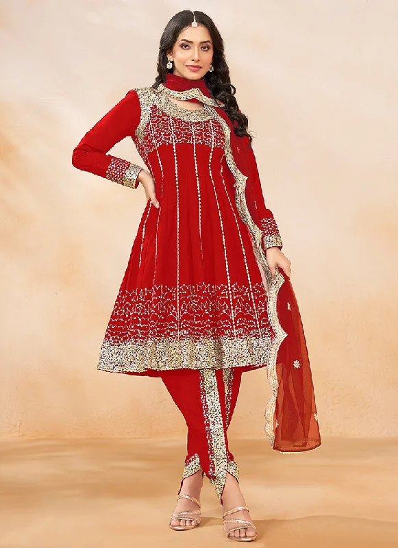 Red Golden Embroidered Anarkali And Dhoti Style Pant Suit