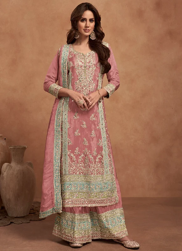 Rose Pink Multi Embroidered Wedding Palazzo Suit