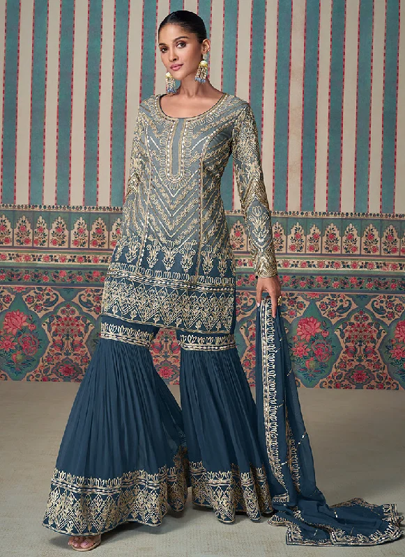 Royal Blue Embroidery Gharara Style Suit