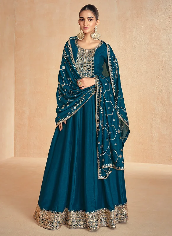 Royal Blue Golden Embroidery Wedding Anarkali Suit