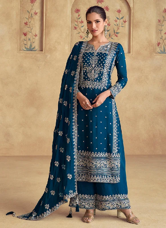 Royal Blue Thread Work Embroidery Festive Palazzo Suit