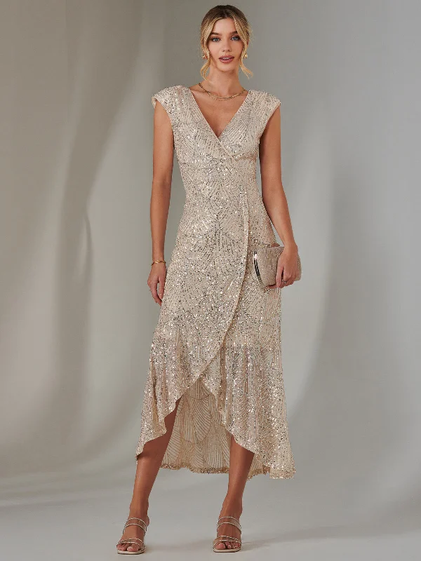 Sequin Ruffle Hem Maxi Dress, Beige Silver