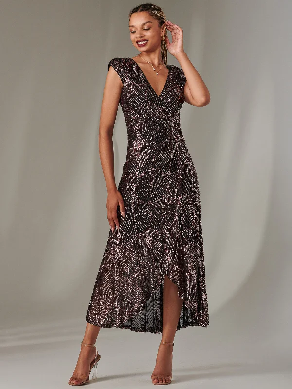 Sequin Ruffle Hem Maxi Dress, Black Rose Gold