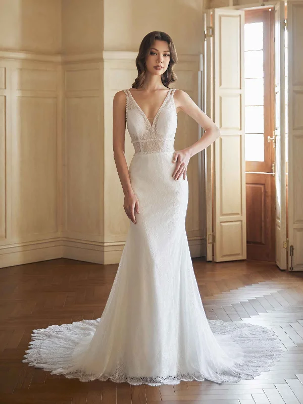 Sexy Mermaid Open Back V-neck Maxi Long Lace Wedding Dresses Online