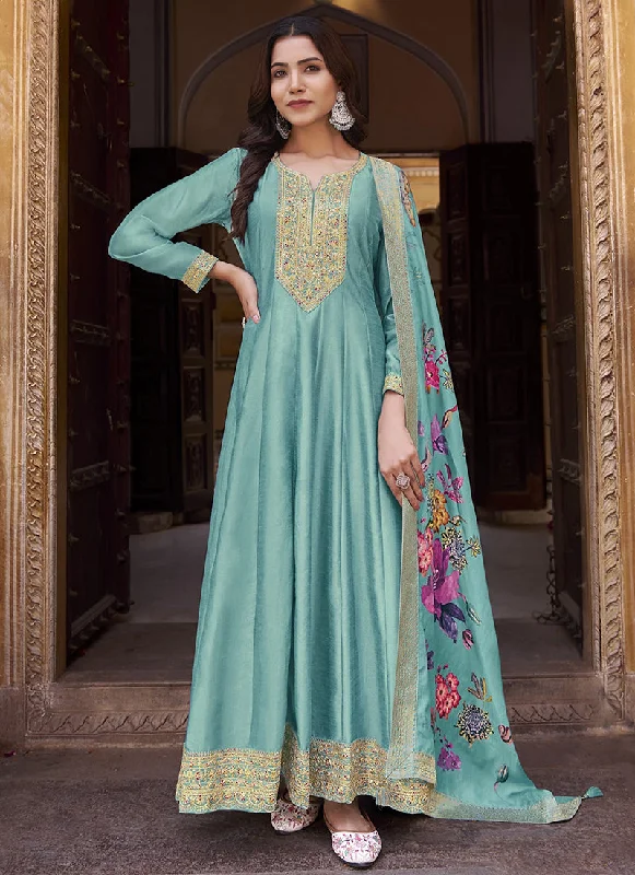 Sky Blue Multi Embroidery Silk Anarkali Dress