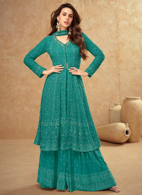 Teal Blue Traditional Embroidery Slit Style Anarkali Palazzo Suit