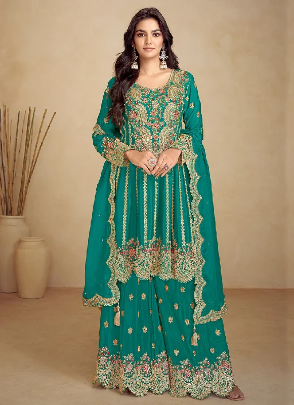 Turquoise Embroidery Festive Gharara Suit