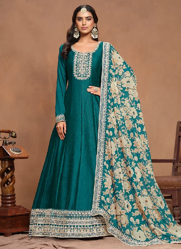 Turquoise Embroidery Silk Anarkali Suit