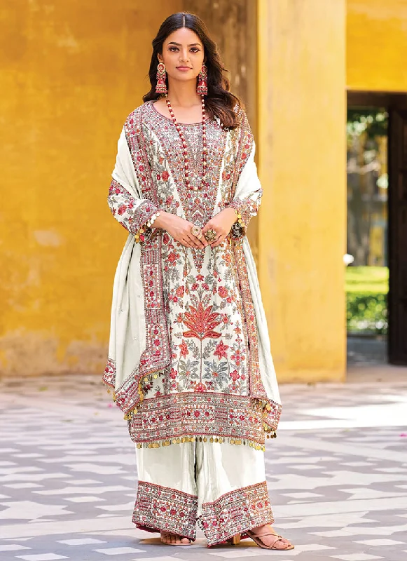 White Multicoloured Embroidery Pakistani Palazzo Suit