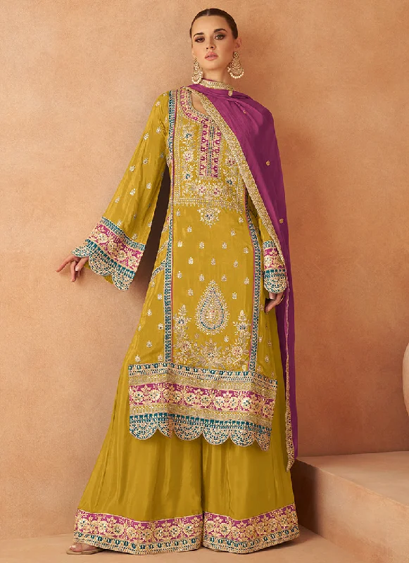 Yellow And Magenta Multi Embroidery Palazzo Suit