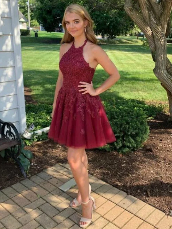 A Line Halter Neck Cross Back Burgundy Lace Short Prom Homecoming, Burgundy Lace Formal Graduation Evening