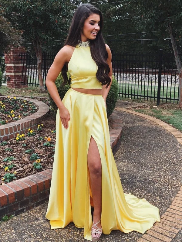 A Line High Neck Two Pieces Yellow Satin Long Prom with High Split, Yellow Formal, Evening