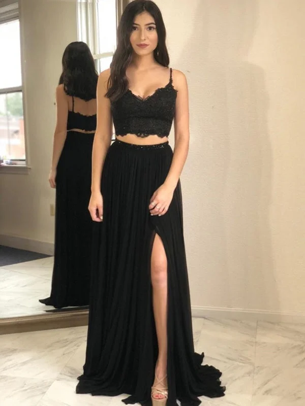 A Line Two Pieces Lace Black Long Prom with Slit, Two Pieces Black Formal, Lace Black Evening