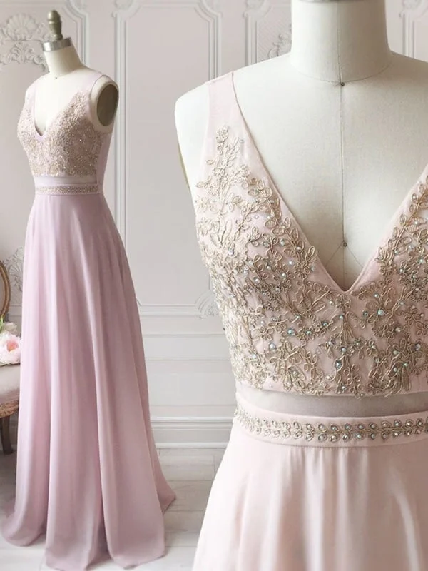 A Line V Neck Beaded Lace Pink Long Prom, Pink Lace Formal, Pink Evening, Bridesmaid