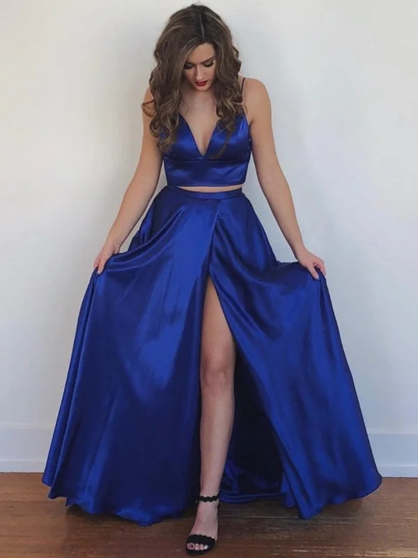 A Line V Neck Two Pieces Backless Royal Blue/Yellow Prom with High Slit, Two Pieces Royal Blue Formal, Backless Evening