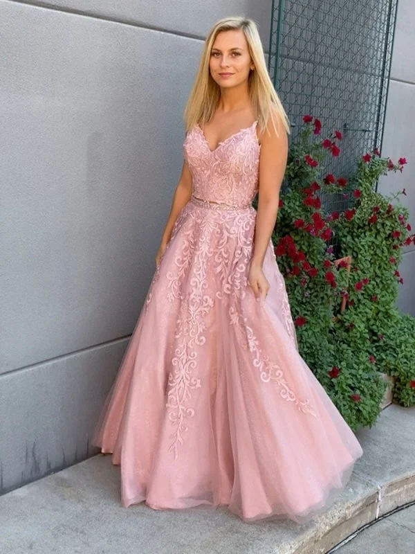 A Line V Neck Two Pieces Lace Appliques Pink Prom with Belt, 2 Pieces Pink Lace Formal, Lace Pink Evening