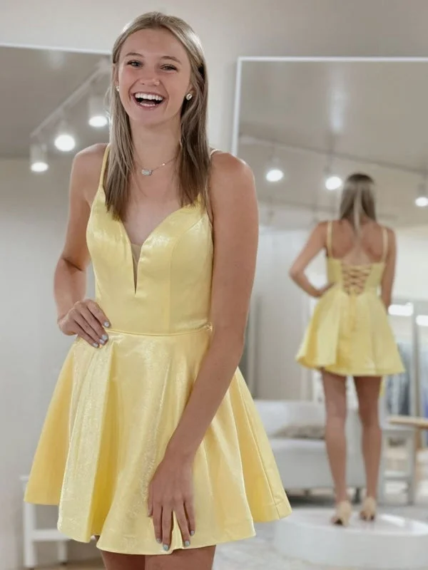 A Line V Neck Yellow Satin Short Prom, V Neck Yellow Homecoming, Yellow Formal Graduation Evening