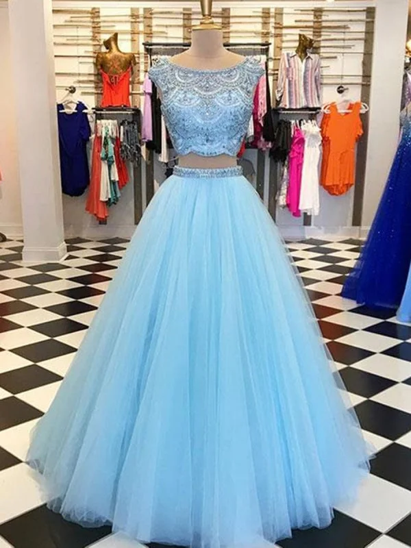 Blue A Line Round Neck Two Pieces Beading Tulle Long Prom, Two Pieces Blue Formal, Blue Evening