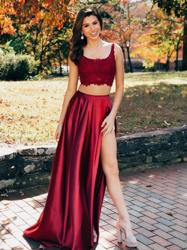 Burgundy Two Pieces Lace Satin Long Prom Dresses with High Split, Two Pieces Burgundy Formal Dresses, Lace Burgundy Evening Dresses