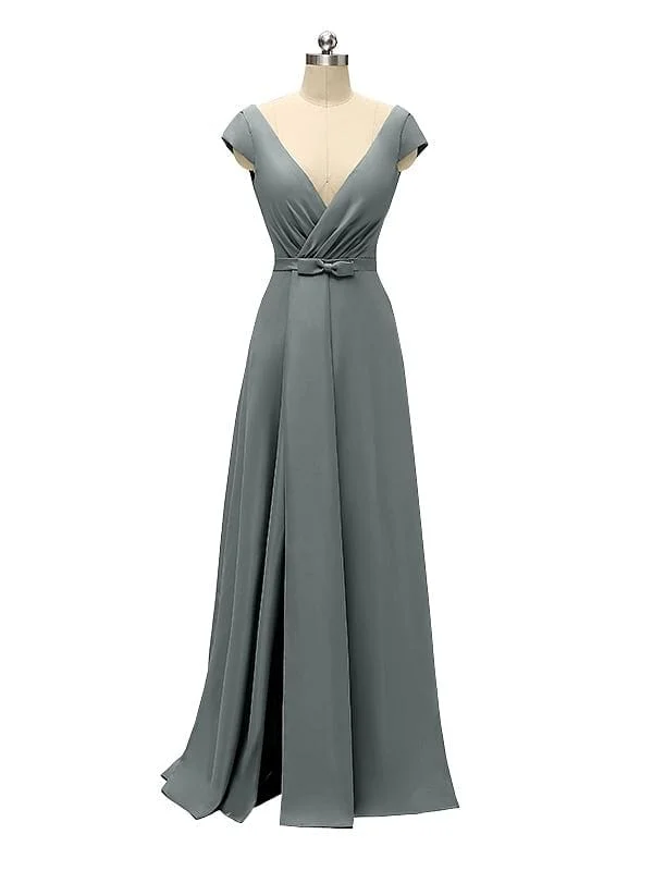 A-line Cap Sleeve Sexy Slit V-neck Floor Length Bridesmaid Dresses