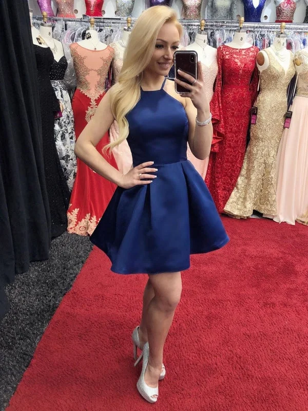 Cute A Line Blue Satin Short Prom Homecoming Dresses, Short Blue Formal Graduation Evening Dresses